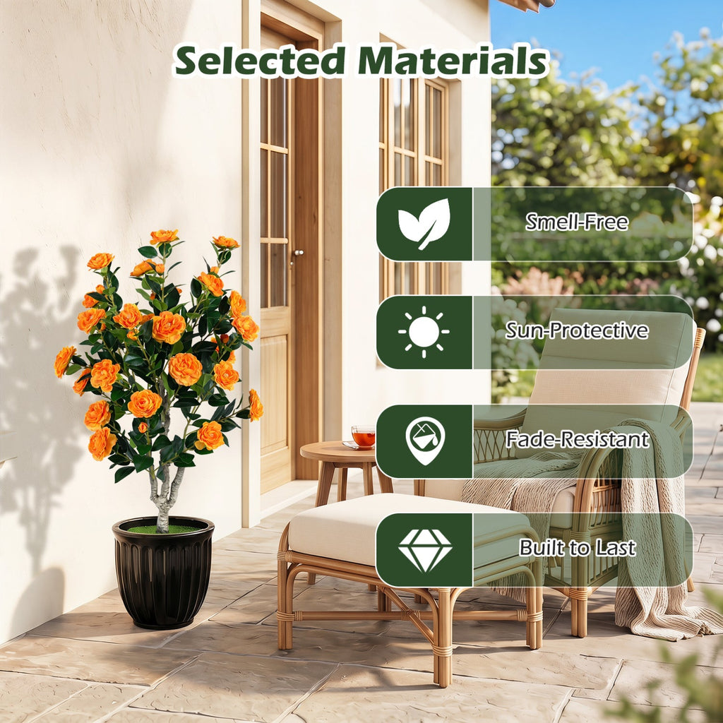 39.5 inches Artificial Camellia Tree with Orange Blossoms in Cement Pot for Home Decoration-Orange