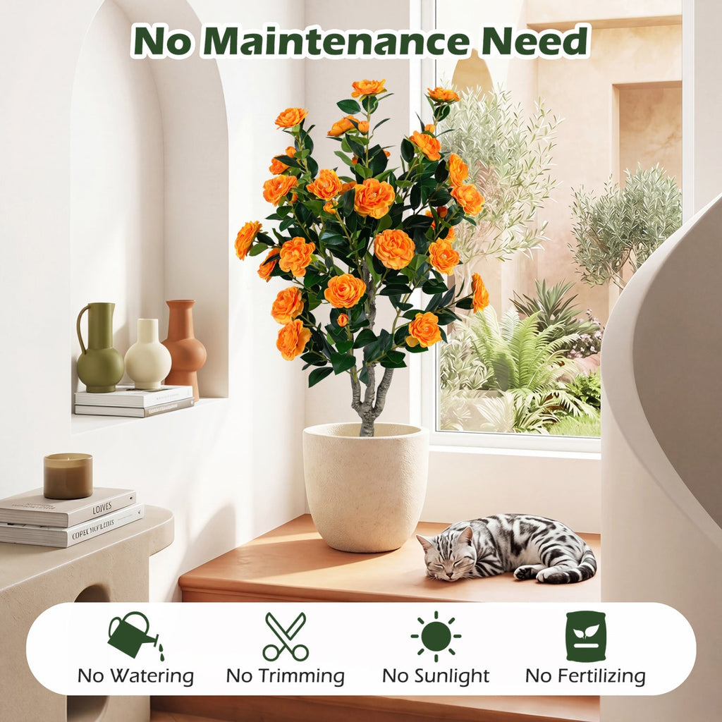39.5 inches Artificial Camellia Tree with Orange Blossoms in Cement Pot for Home Decoration-Orange