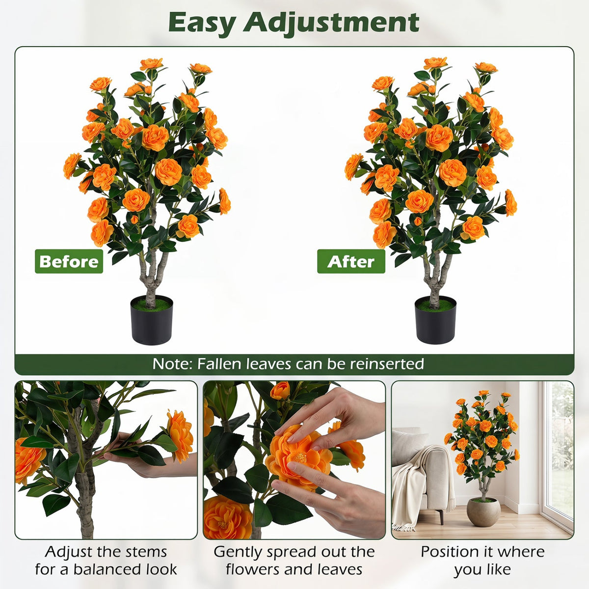39.5 inches Artificial Camellia Tree with Orange Blossoms in Cement Pot for Home Decoration-Orange