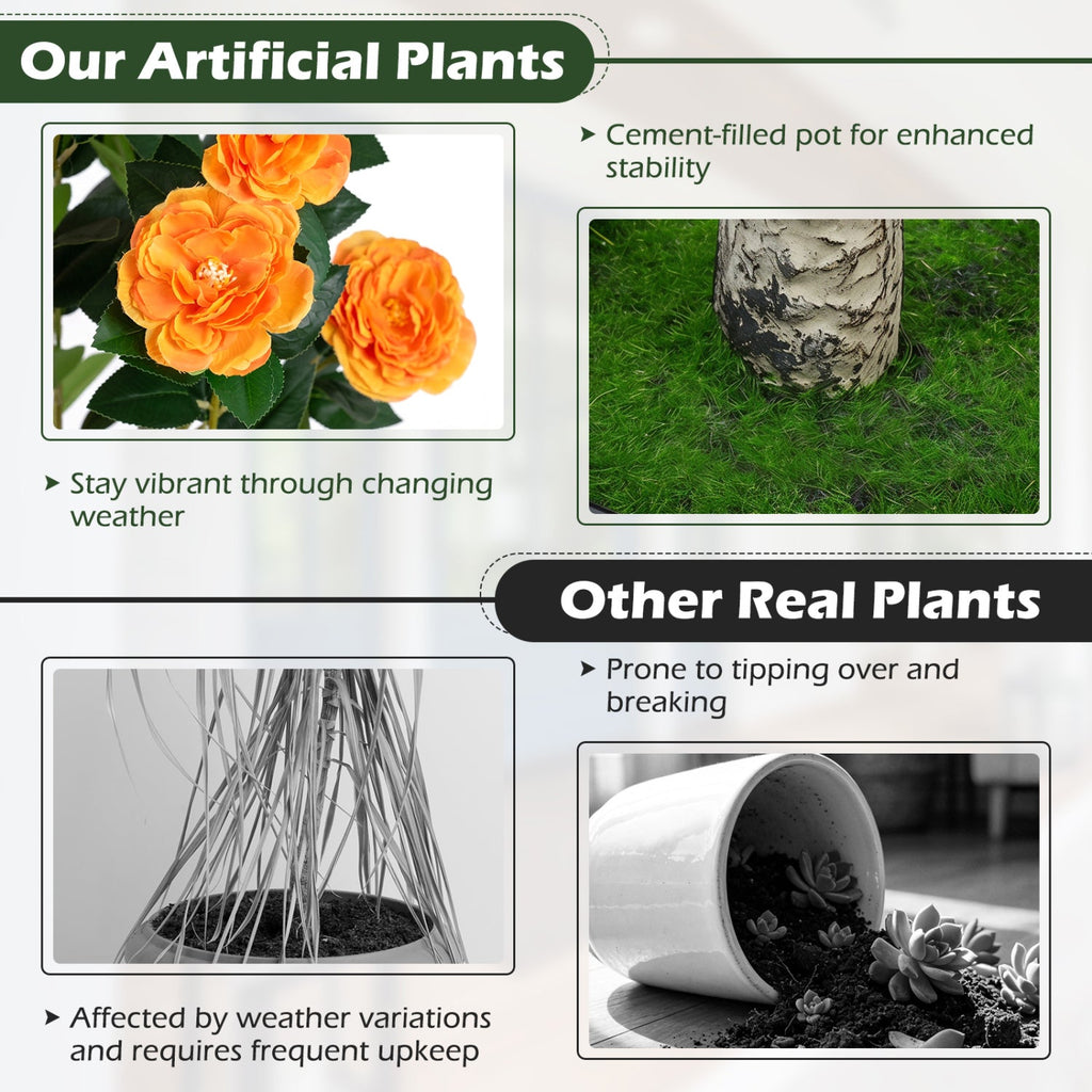 39.5 inches Artificial Camellia Tree with Orange Blossoms in Cement Pot for Home Decoration-Orange
