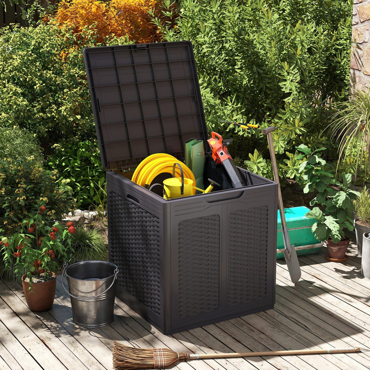 39 Gallon Deck Box with Lockable Lid Package Delivery Box for Patio Furniture Cushions-Brown