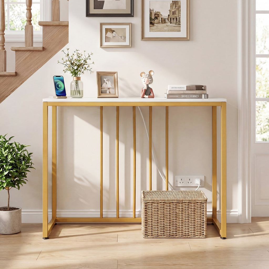 39 inchesModern Console Table with Built-in Charging Station-White