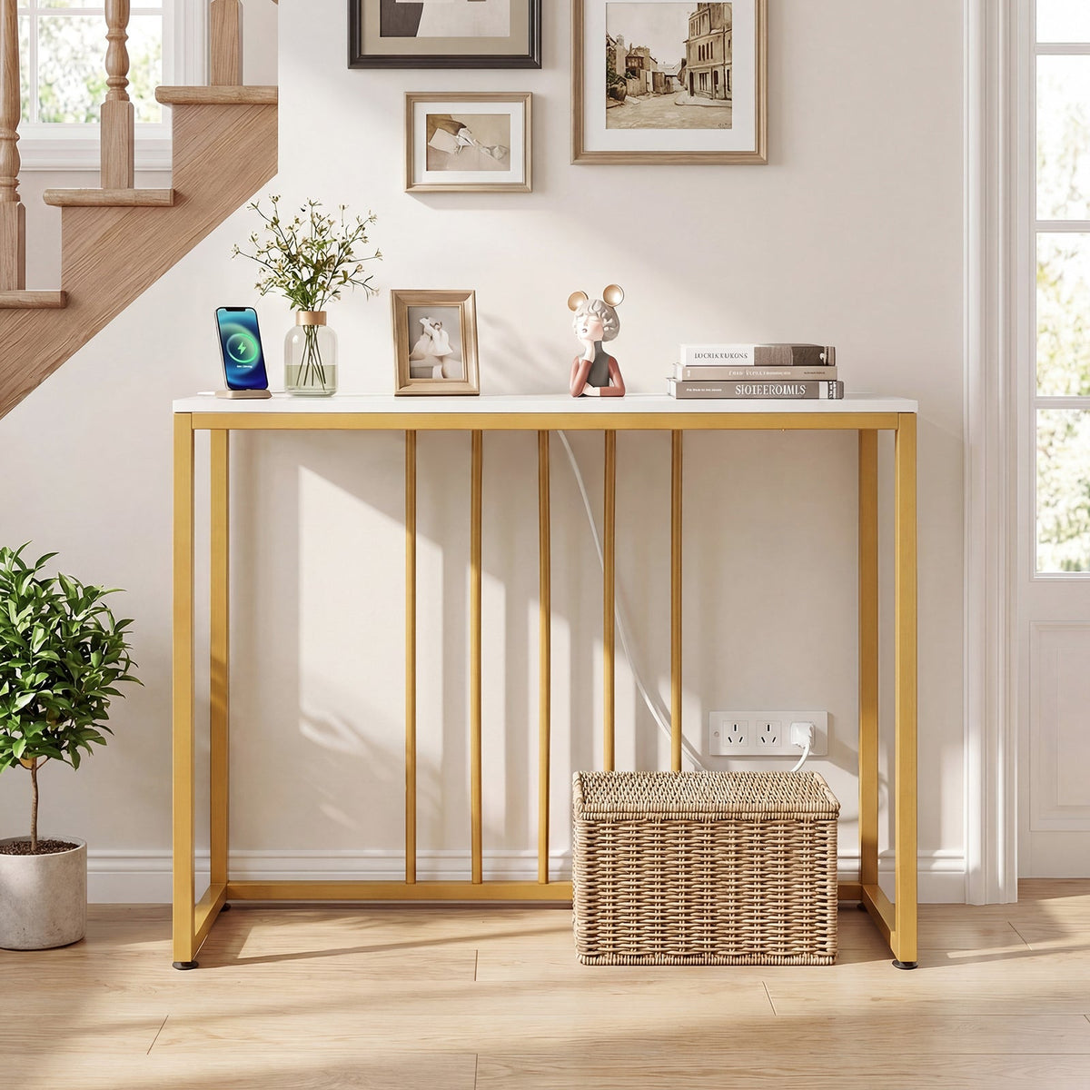 39 inchesModern Console Table with Built-in Charging Station-White