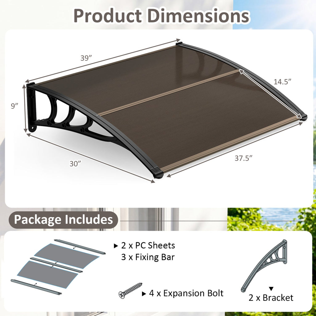 39 x 30 Inch Outdoor Front Door Window Awning Door Canopy Exterior-Brown
