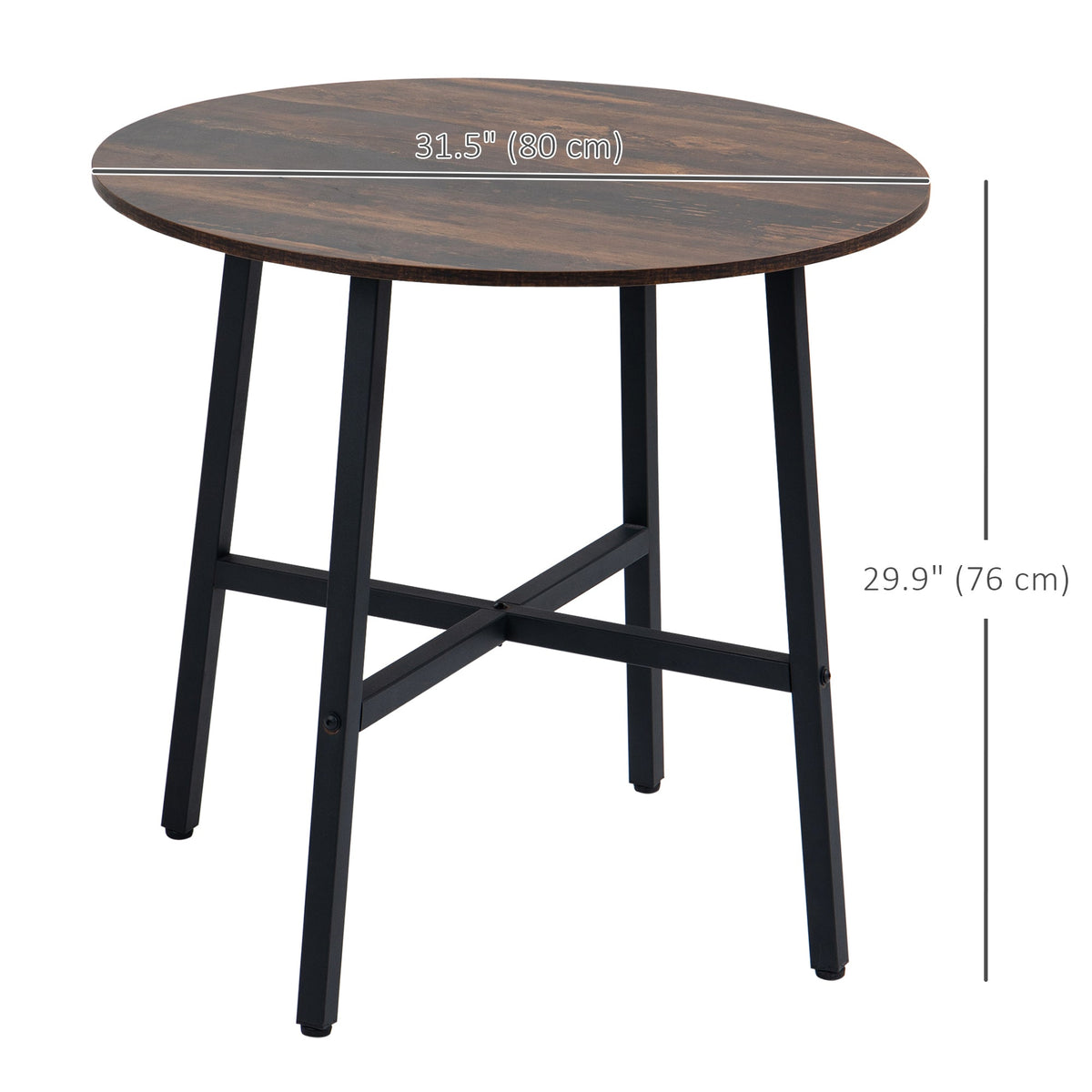 Ø31.5" Dining Room Table, Industrial Style Kitchen Table Round with Steel Legs, Rustic Brown