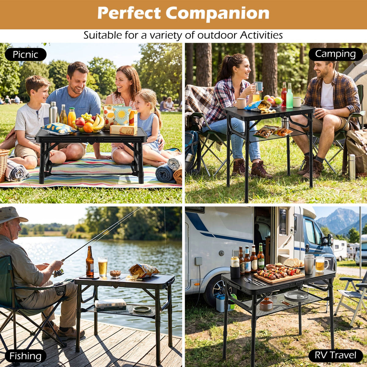 3-Height Folding Camping Table with Large Storage Net & Handle-Black