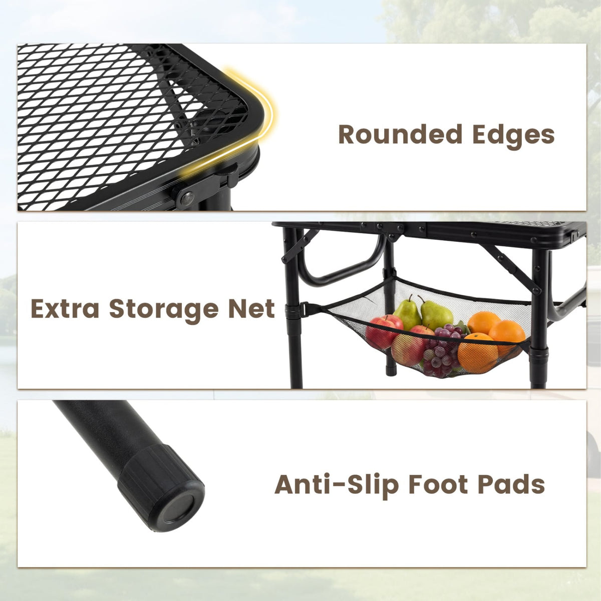 3-Height Folding Picnic Table with Large Storage Net and Handle-Black