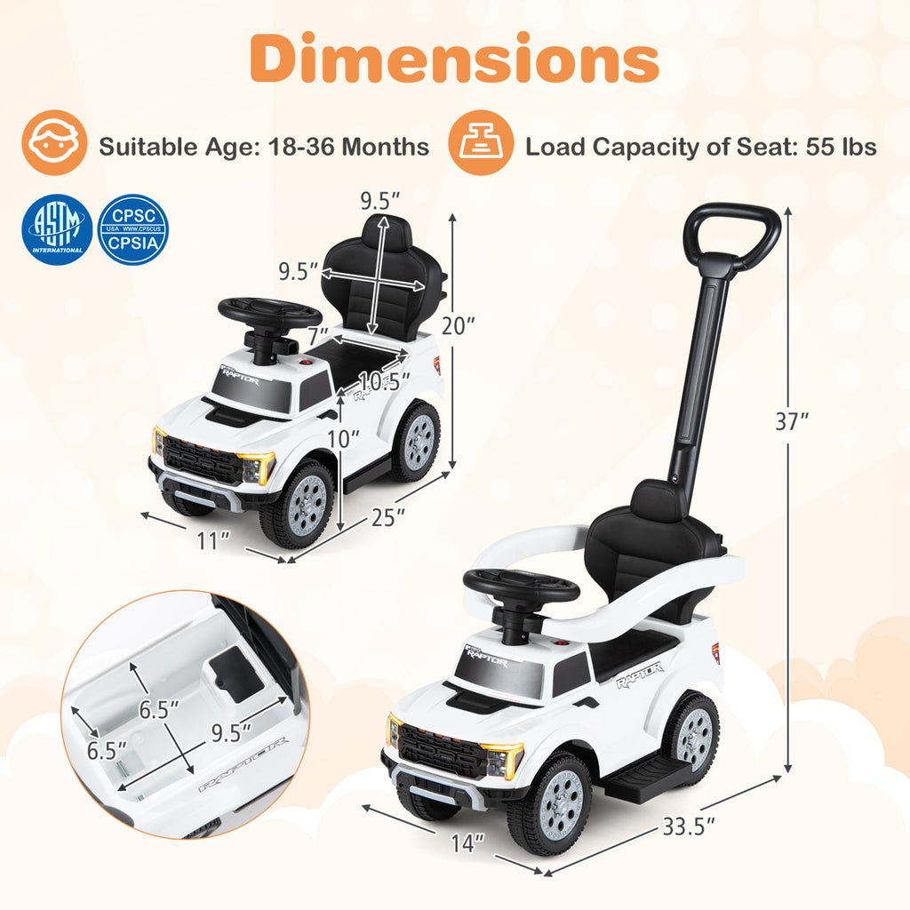 3-In-1 Licensed Ford Push Car for Toddlers-White