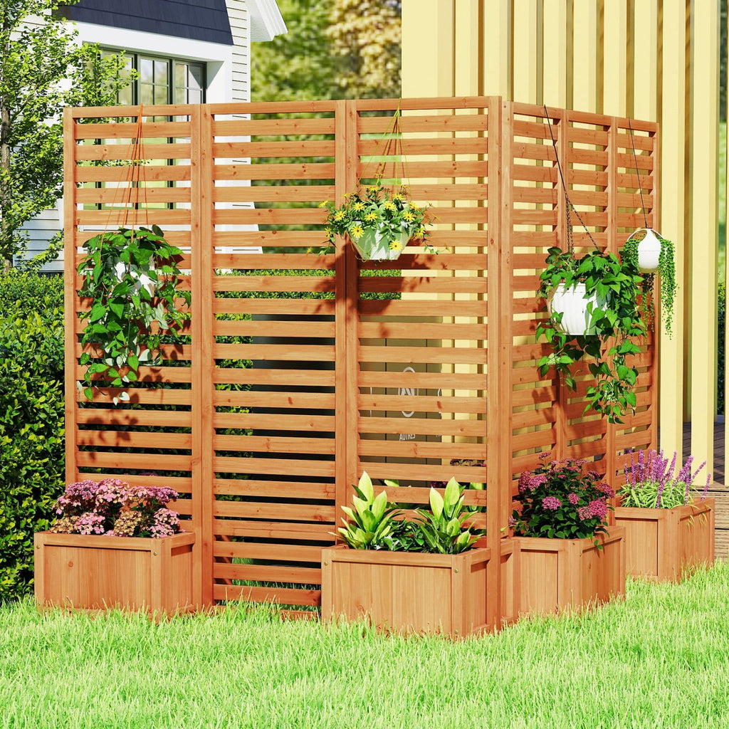 3-Panel Solid Wood Frame Freestanding Garden Fence with 2 Self-Draining Planter Boxes-Yellow
