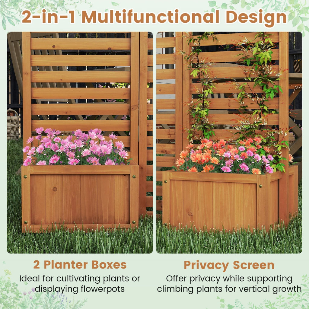 3-Panel Solid Wood Frame Freestanding Garden Fence with 2 Self-Draining Planter Boxes-Yellow