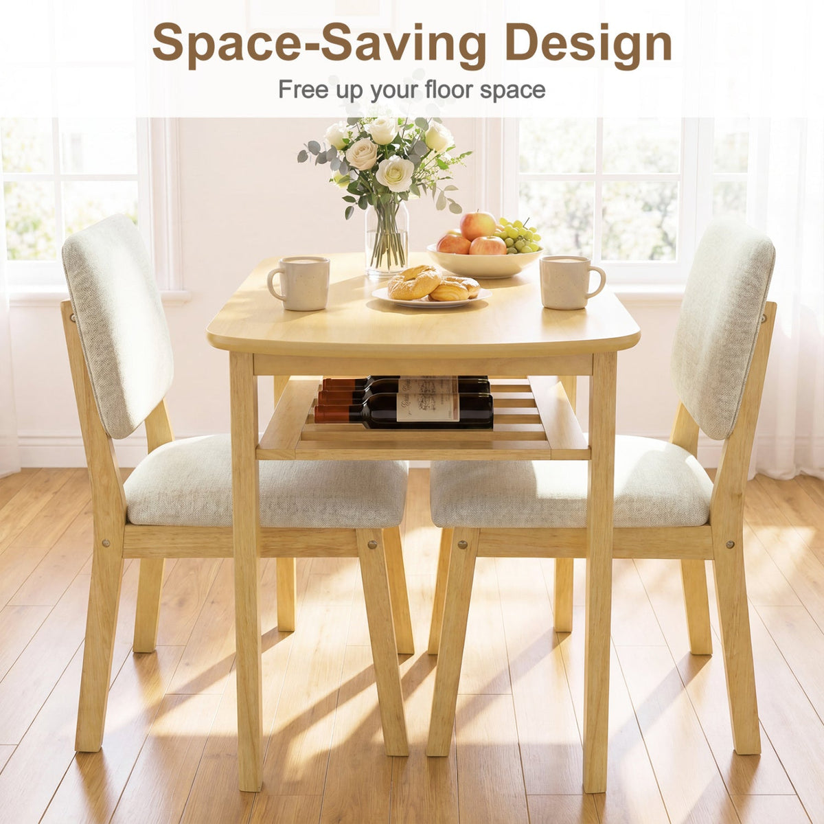 3-Piece Dining Table Set for 2 with Upholstered Chairs-Natural
