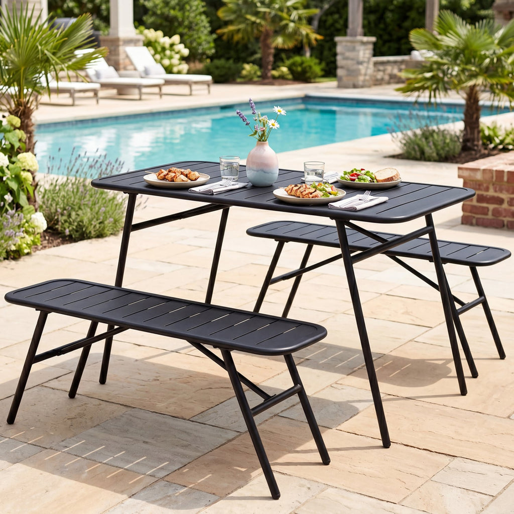 3 Piece All Metal Outdoor Dining Set, 47.5 Inch Slatted Powder Coated Table and 2 Benches, Black