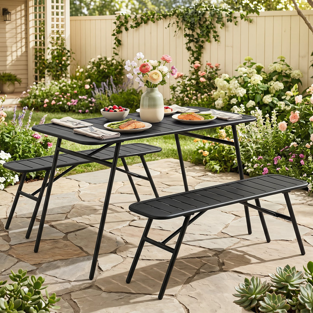 3 Piece All Metal Outdoor Dining Set, 47.5 Inch Slatted Powder Coated Table and 2 Benches, Black