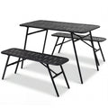 3 Piece All Metal Outdoor Dining Set, 47.5 Inch Slatted Powder Coated Table and 2 Benches, Black