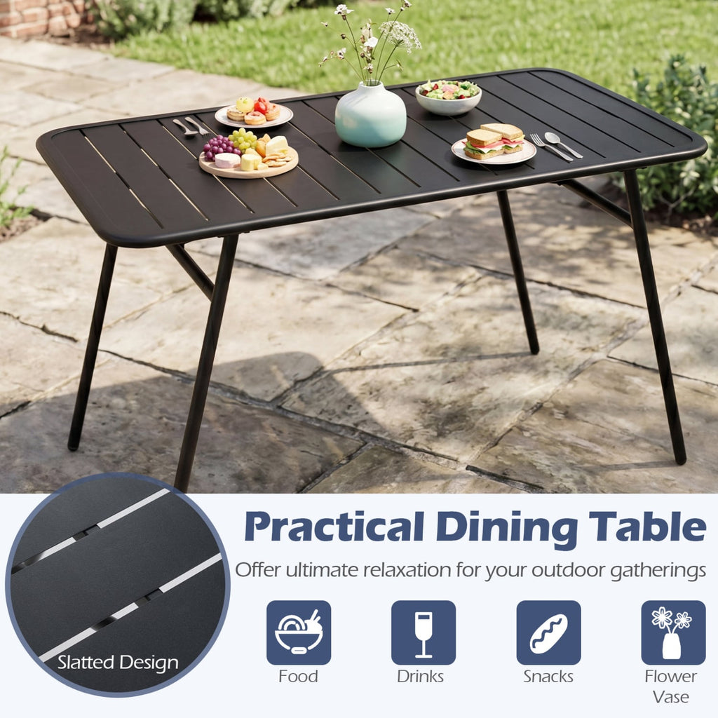 3 Piece All Metal Outdoor Dining Set, 47.5 Inch Slatted Powder Coated Table and 2 Benches, Black