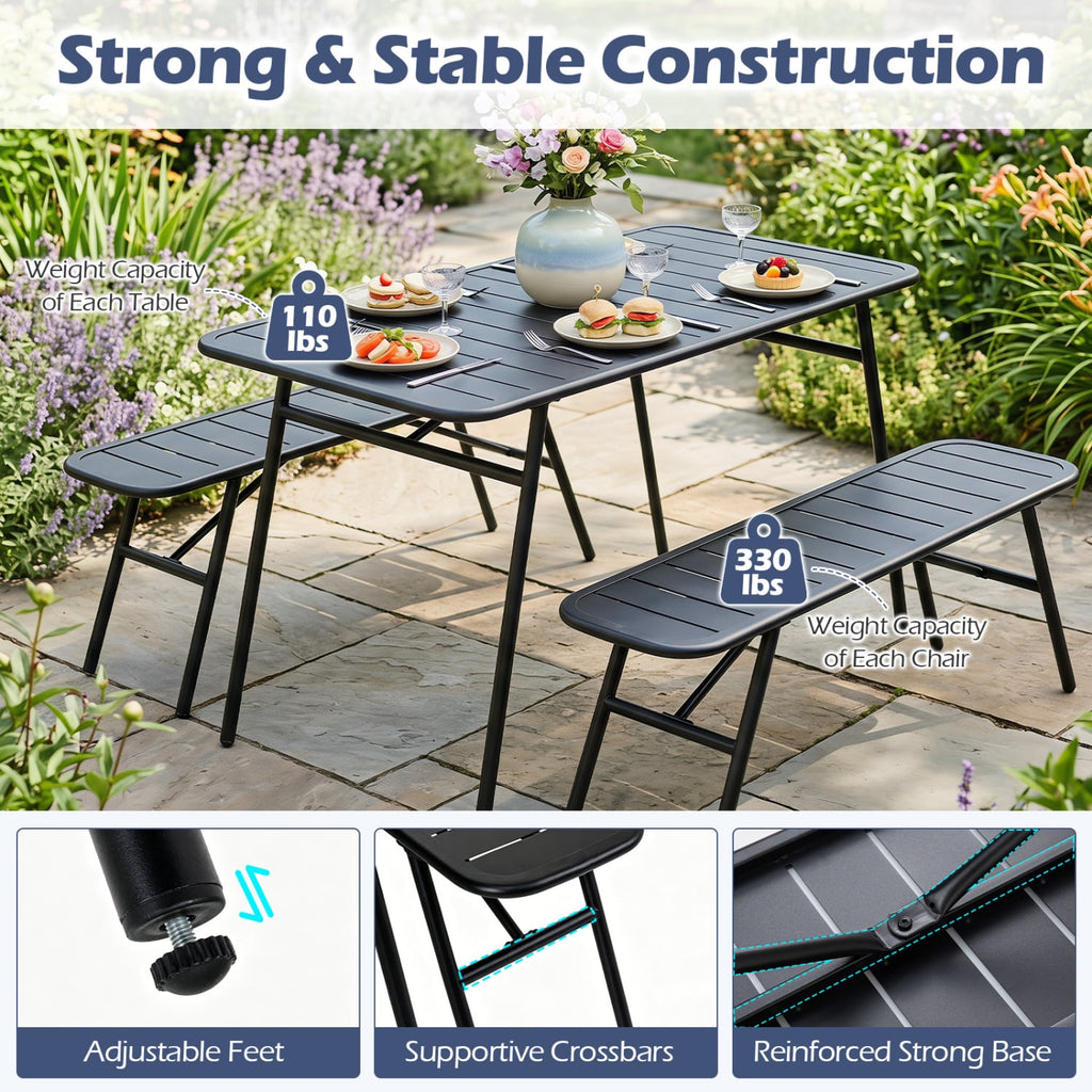 3 Piece All Metal Outdoor Dining Set, 47.5 Inch Slatted Powder Coated Table and 2 Benches, Black