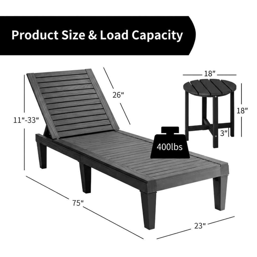 3 Piece Patio Lounge Set, Two Slatted Recliners and a Round Side Table