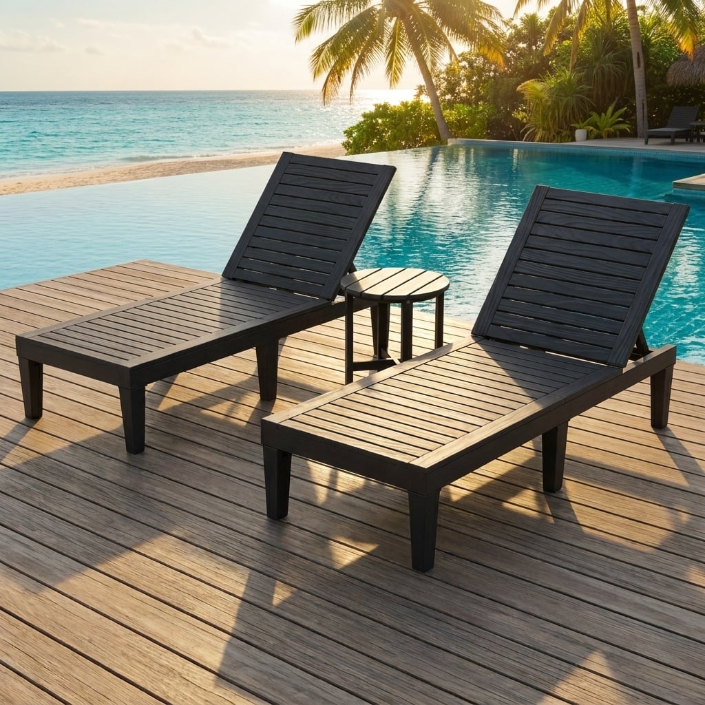 3 Piece Patio Lounge Set, Two Slatted Recliners and a Round Side Table