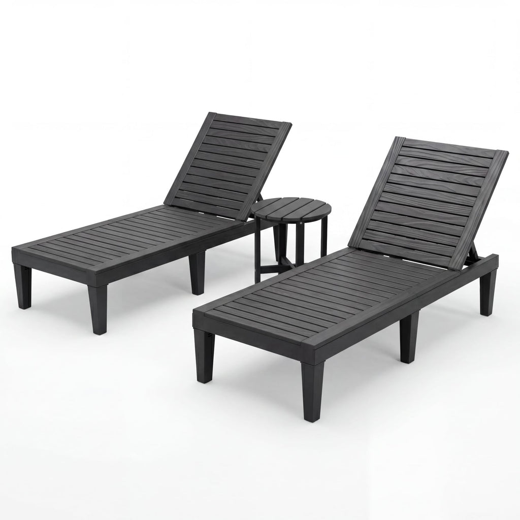 3 Piece Patio Lounge Set, Two Slatted Recliners and a Round Side Table