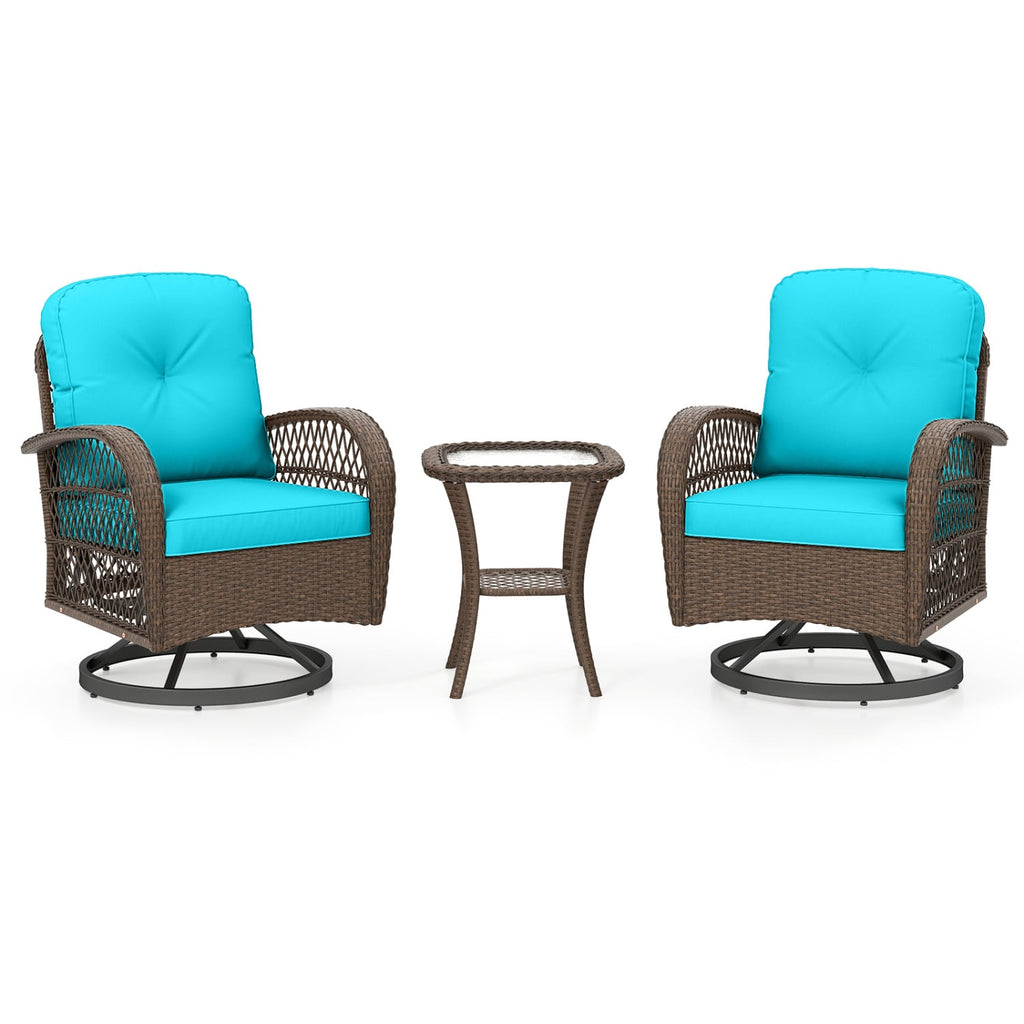 3 Piece Patio Swivel Rocker Set with Tempered Glass Side Table and Thick Cushions-Turquoise
