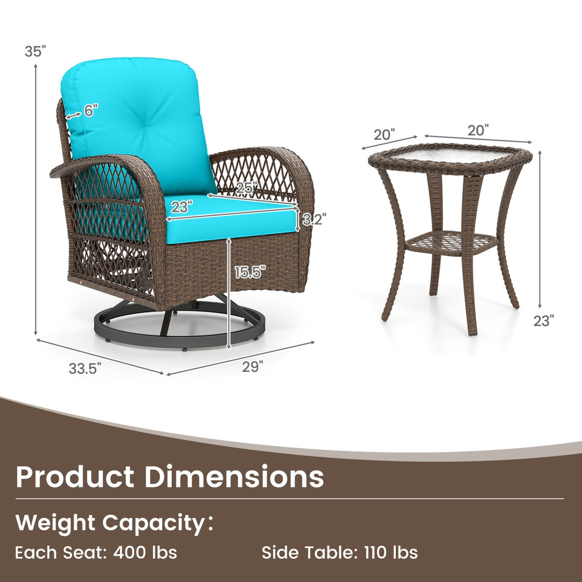 3 Piece Patio Swivel Rocker Set with Tempered Glass Side Table and Thick Cushions-Turquoise