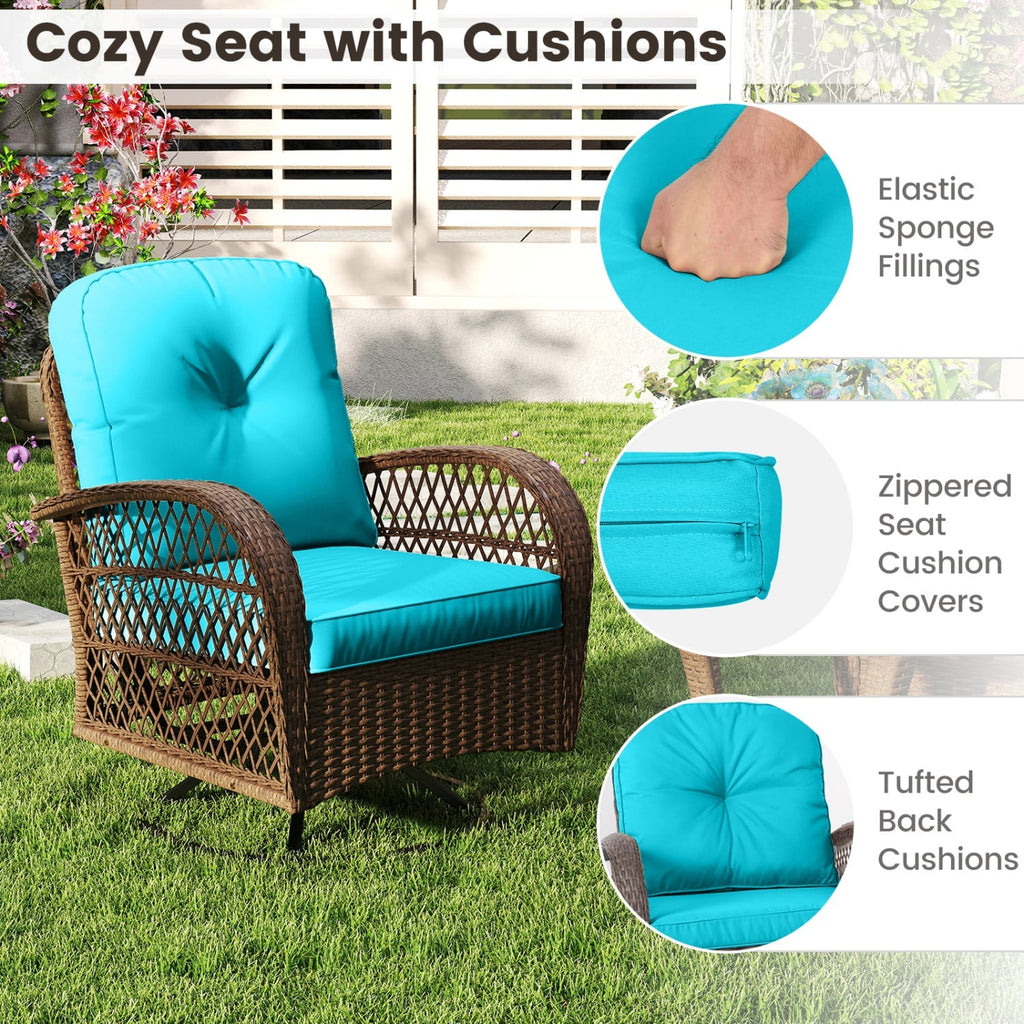3 Piece Patio Swivel Rocker Set with Tempered Glass Side Table and Thick Cushions-Turquoise