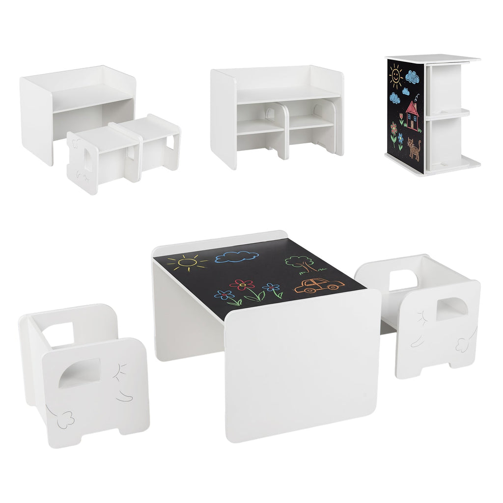 3 Pieces Kids Table and Chair Set with Space-saving Toddler Table and 2 Chairs-White