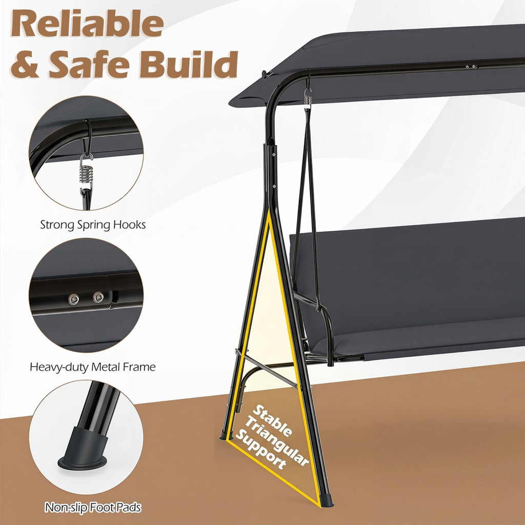 3-Seat Patio Swing Chair with Adjustable Canopy & Removable Cushion-Gray