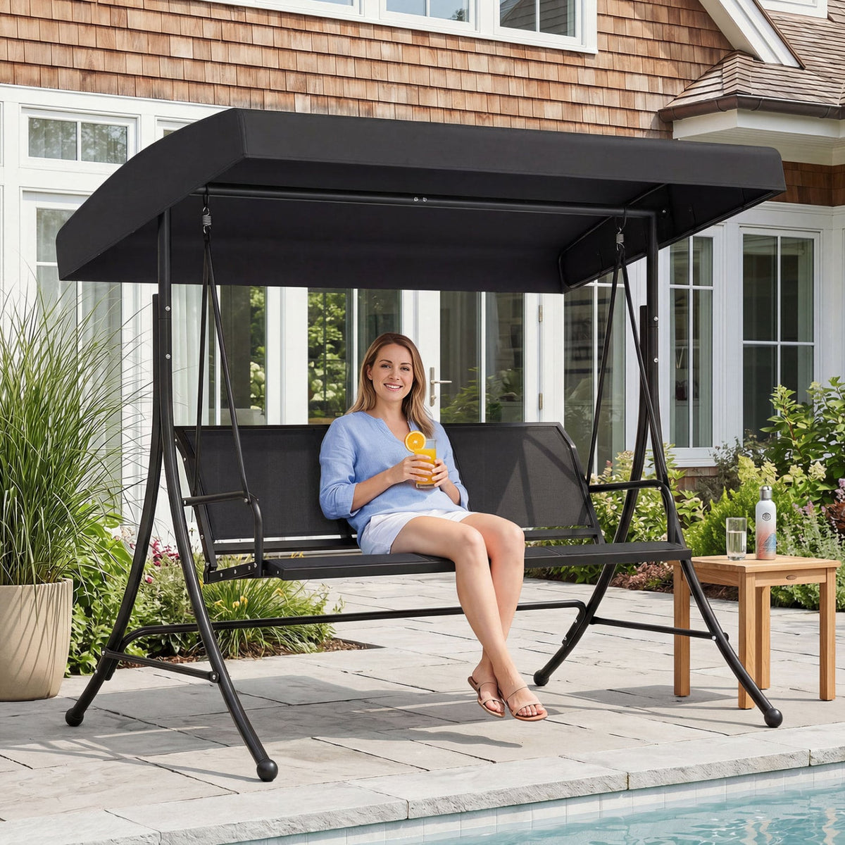 3-Seat Patio Swing Chair with Adjustable Canopy -Black