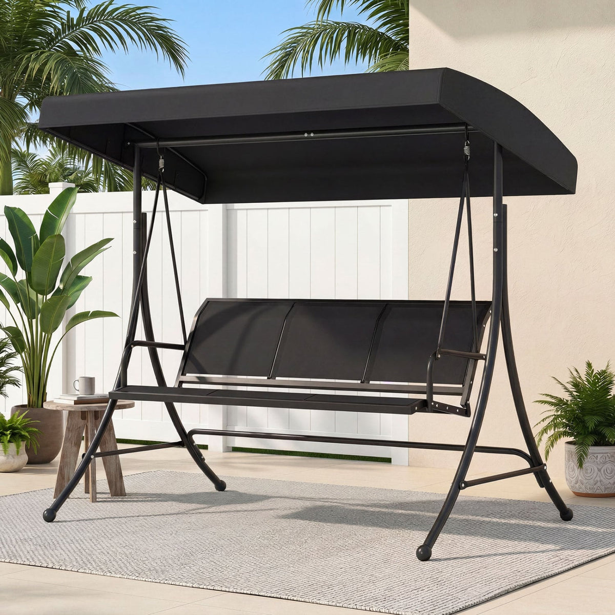3-Seat Patio Swing Chair with Adjustable Canopy -Black