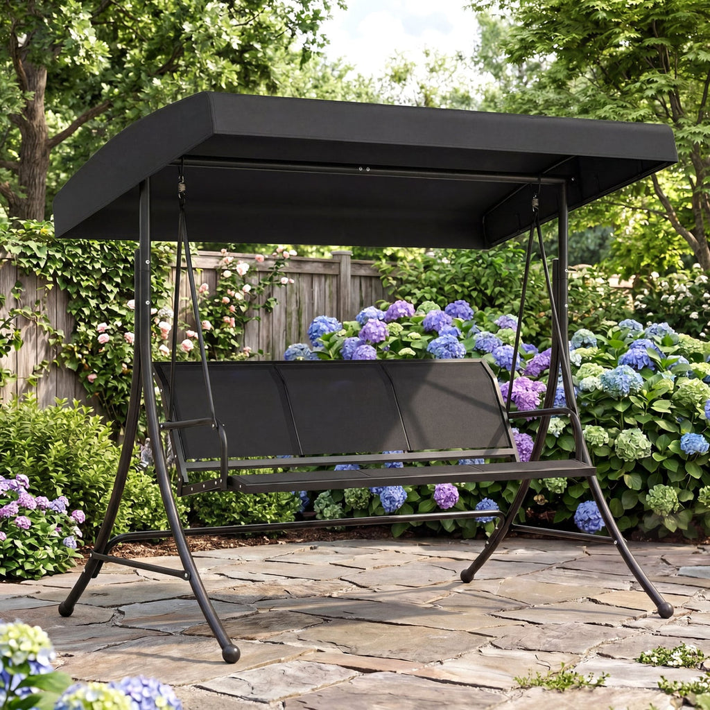 3-Seat Patio Swing Chair with Adjustable Canopy -Black