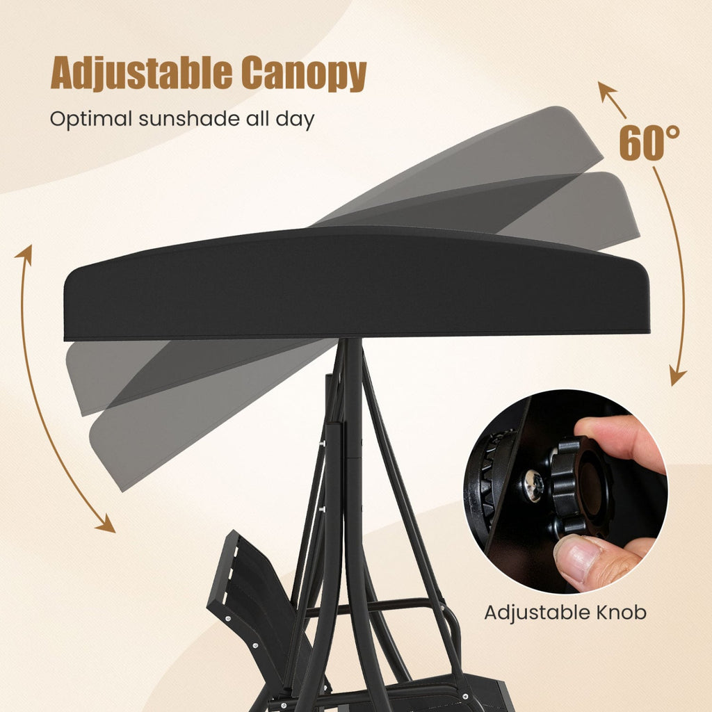 3-Seat Patio Swing Chair with Adjustable Canopy -Black