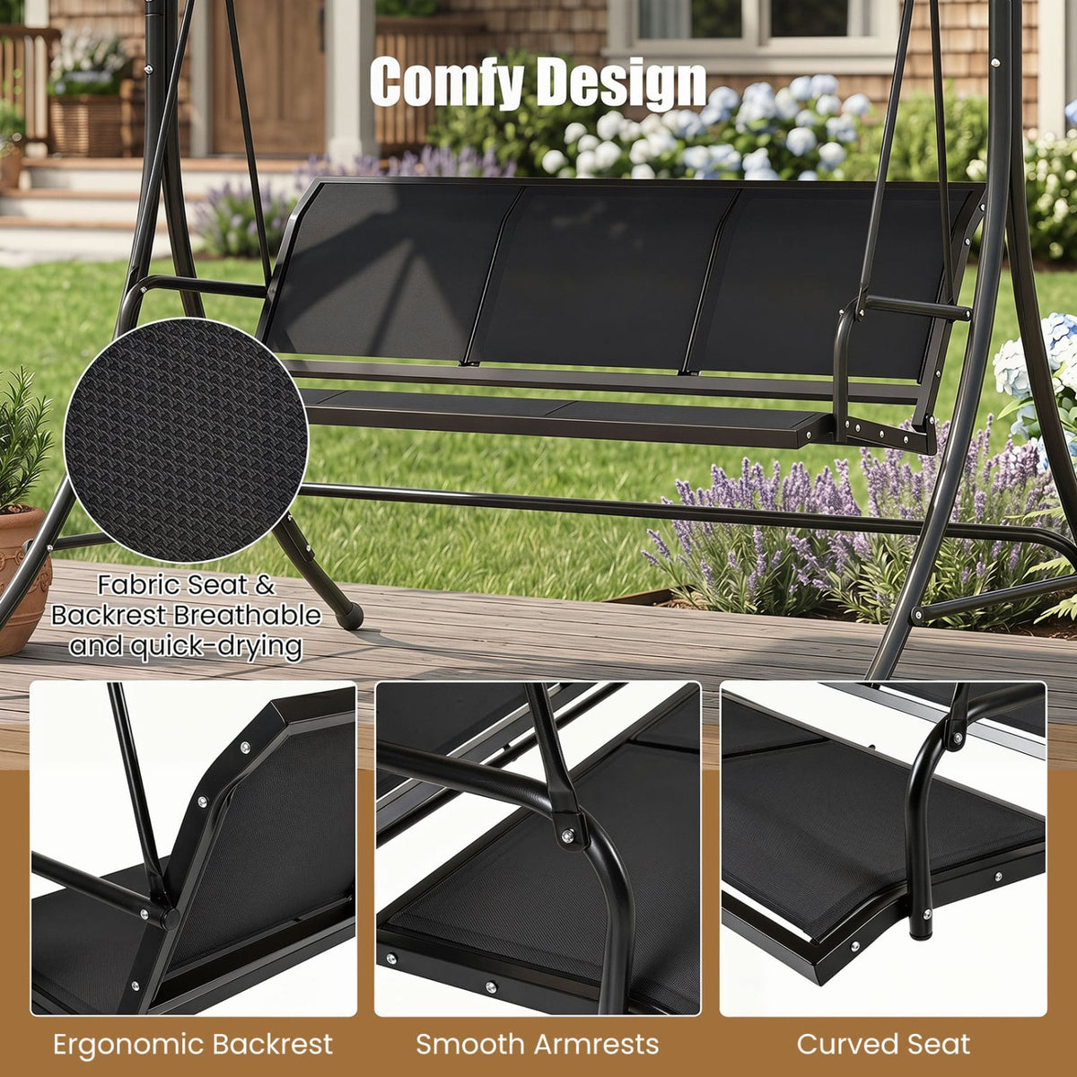 3-Seat Patio Swing Chair with Adjustable Canopy -Black