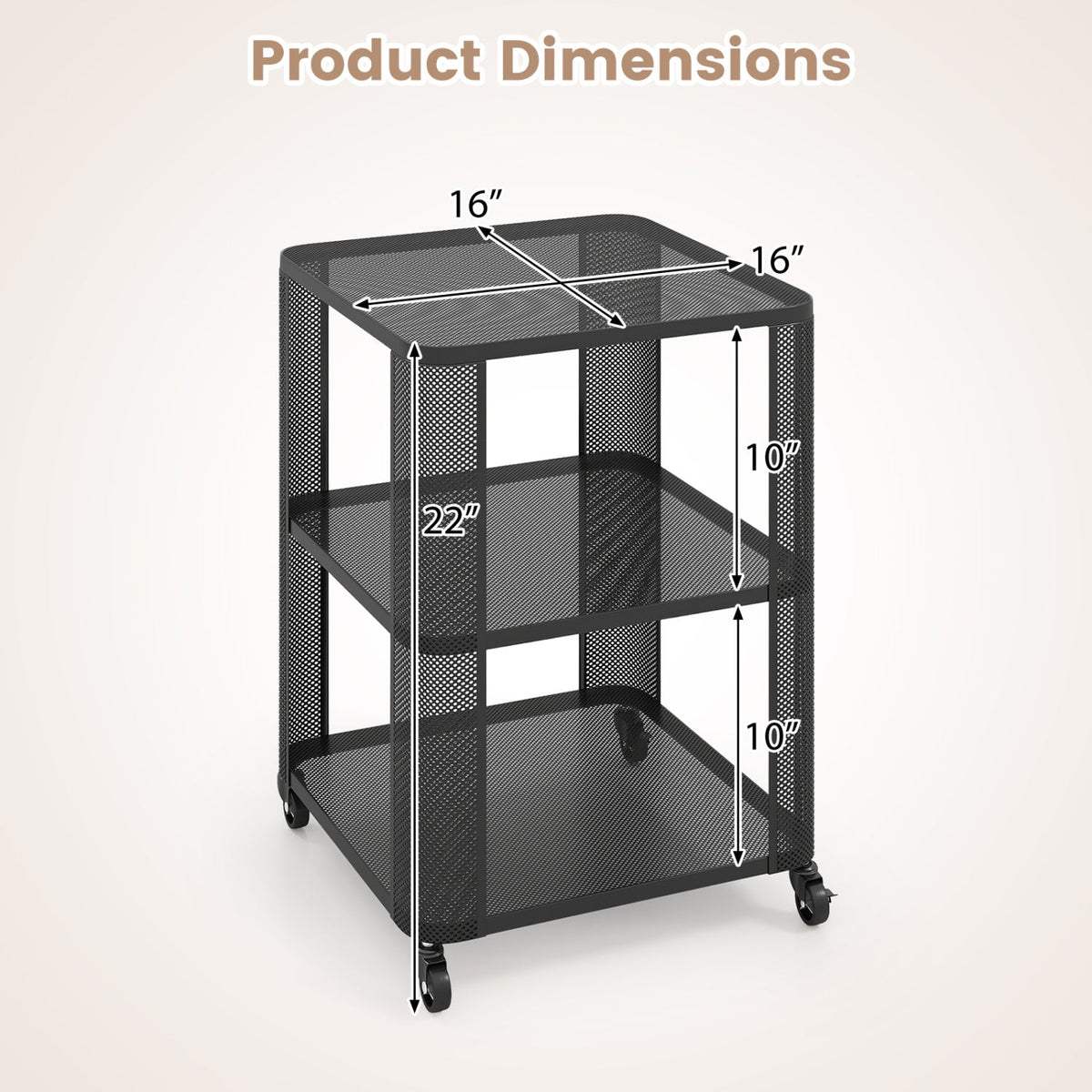 3-Tier End Table with Wheels Rolling Side Table with Open Storage Shelves-1 Piece