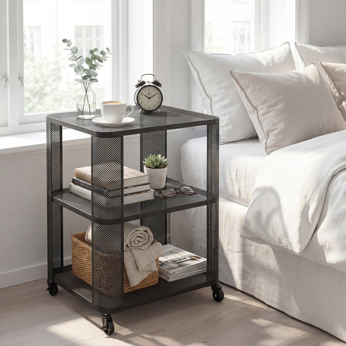 3-Tier End Table with Wheels Rolling Side Table with Open Storage Shelves-1 Piece