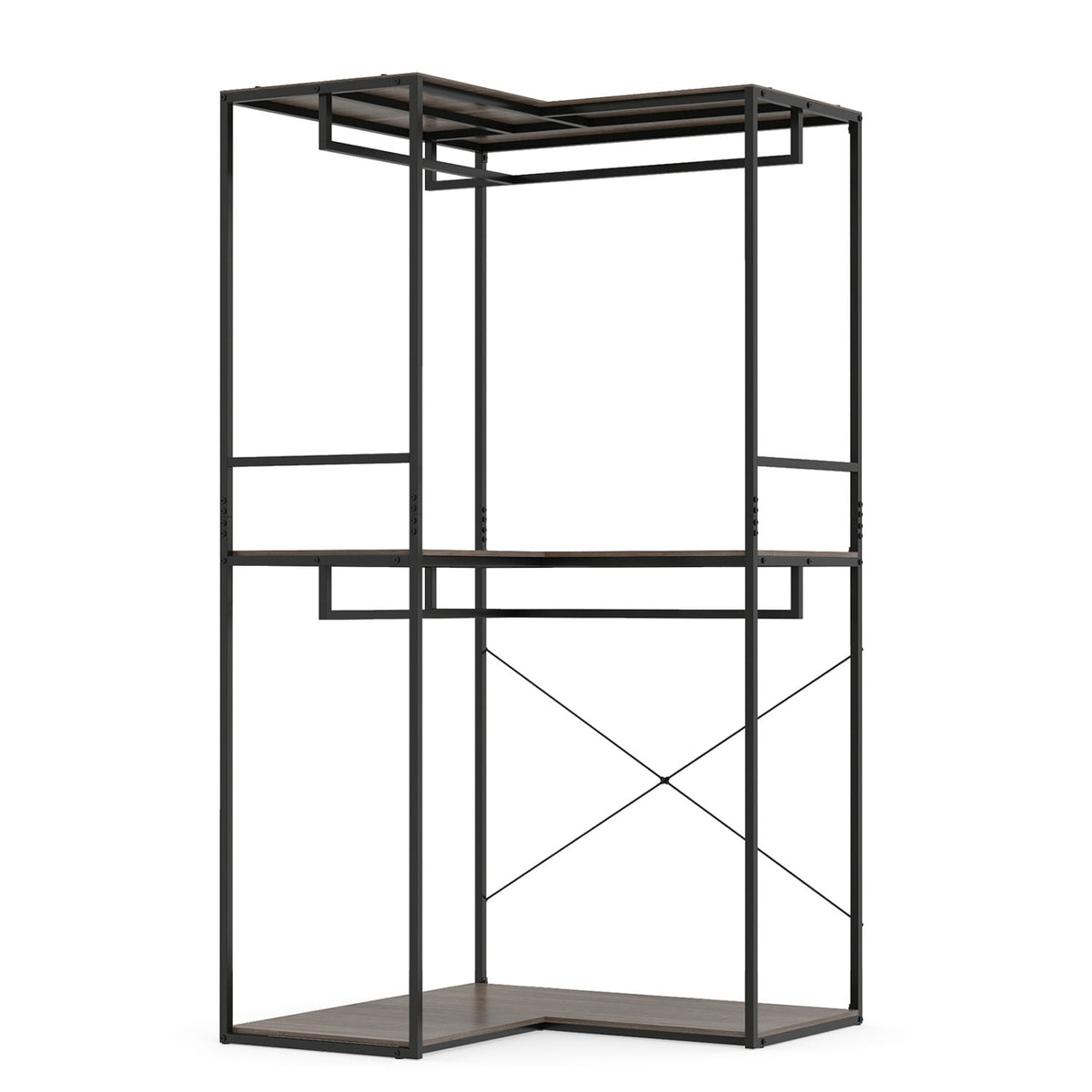 3-Tier Heavy Duty Clothes Rack with 3 Shelves & 2 Hanging Racks-Black & Brown