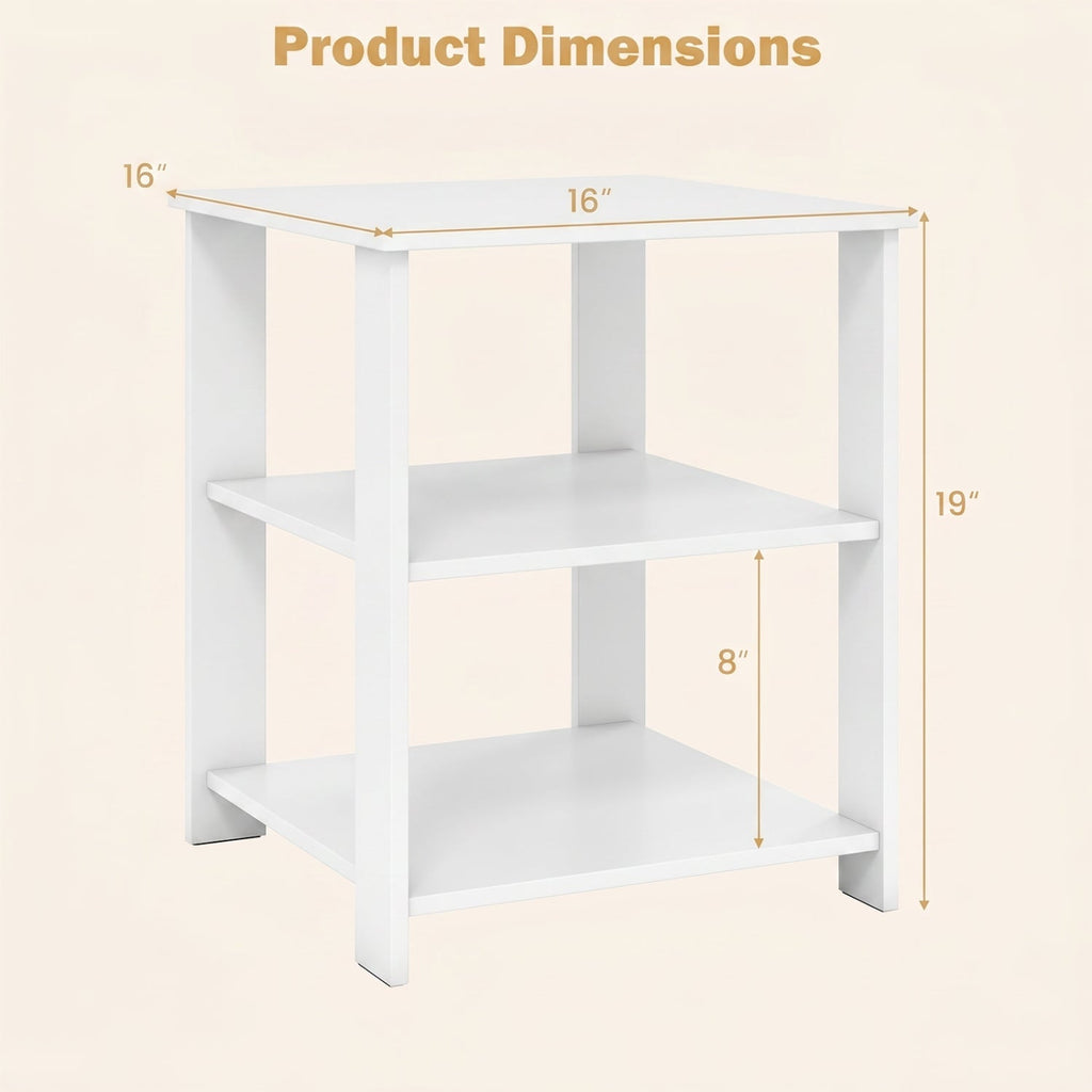 3-Tier Modern Nightstand Square Side Table with Open Storage Shelves Set of 2-White