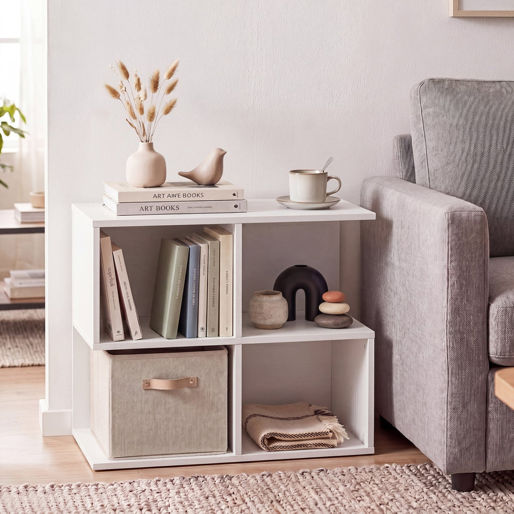 3-Tier Modern S-shaped, End Table, with 4 Storage Cubes-White