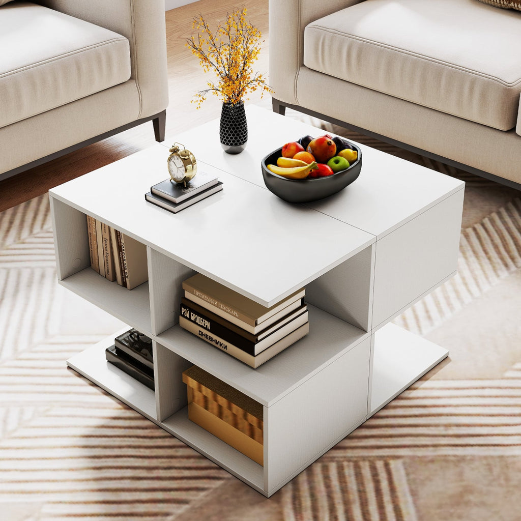 3-Tier Modern S-shaped, End Table, with 4 Storage Cubes-White