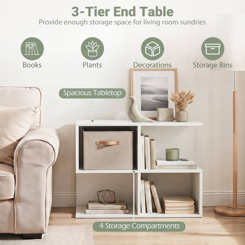 3-Tier Modern S-shaped, End Table, with 4 Storage Cubes-White