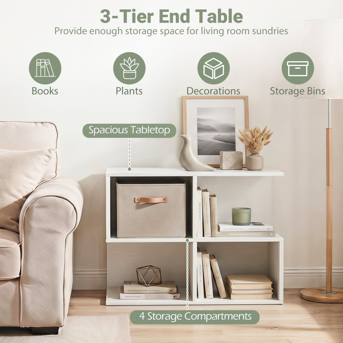 3-Tier Modern S-shaped, End Table, with 4 Storage Cubes-White