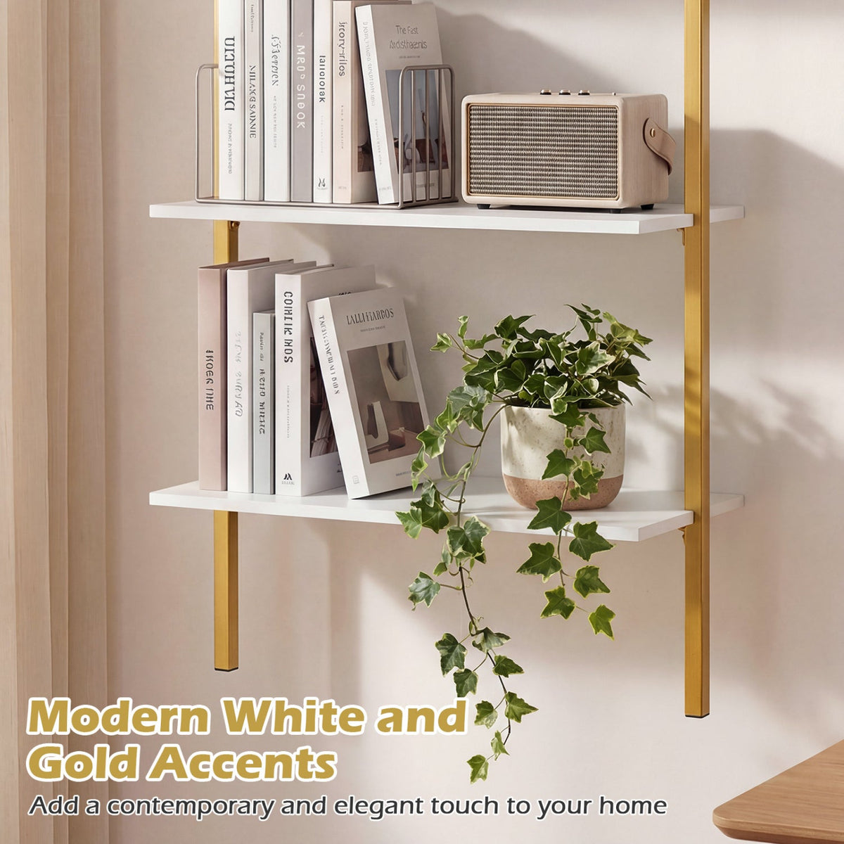 3-Tier Modern Wall Mounted Shelves Wooden Floating Shelving Unit Metal Ladder Bookshelf-White