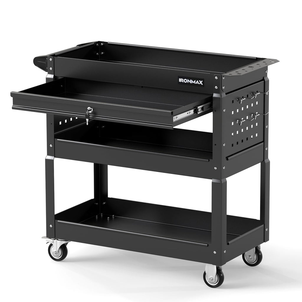 3 Tier Rolling Tool Cart with Lockable Drawer for Garage and Workshop-Black