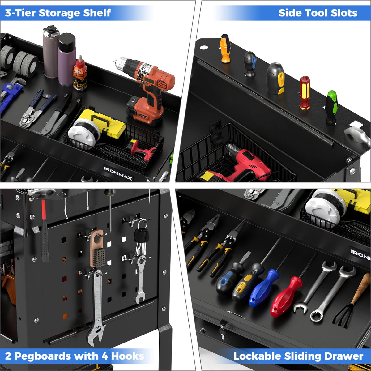 3 Tier Rolling Tool Cart with Lockable Drawer for Garage and Workshop-Black