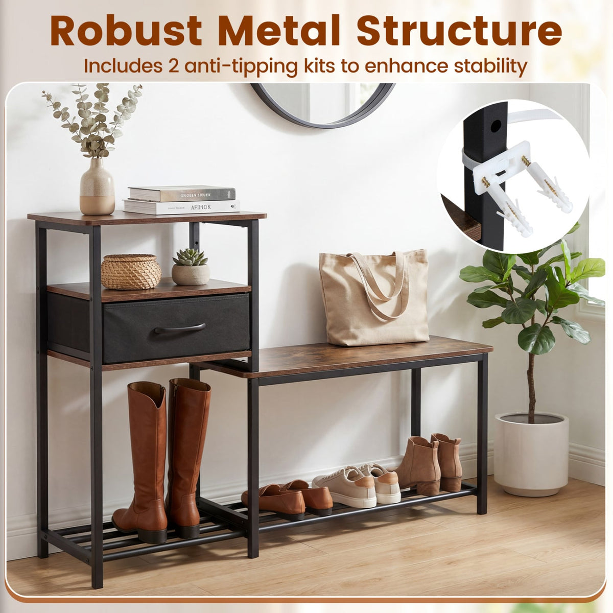 3-Tier Shoe Storage Rack Bench with Drawer and Metal Frame-Rustic Brown