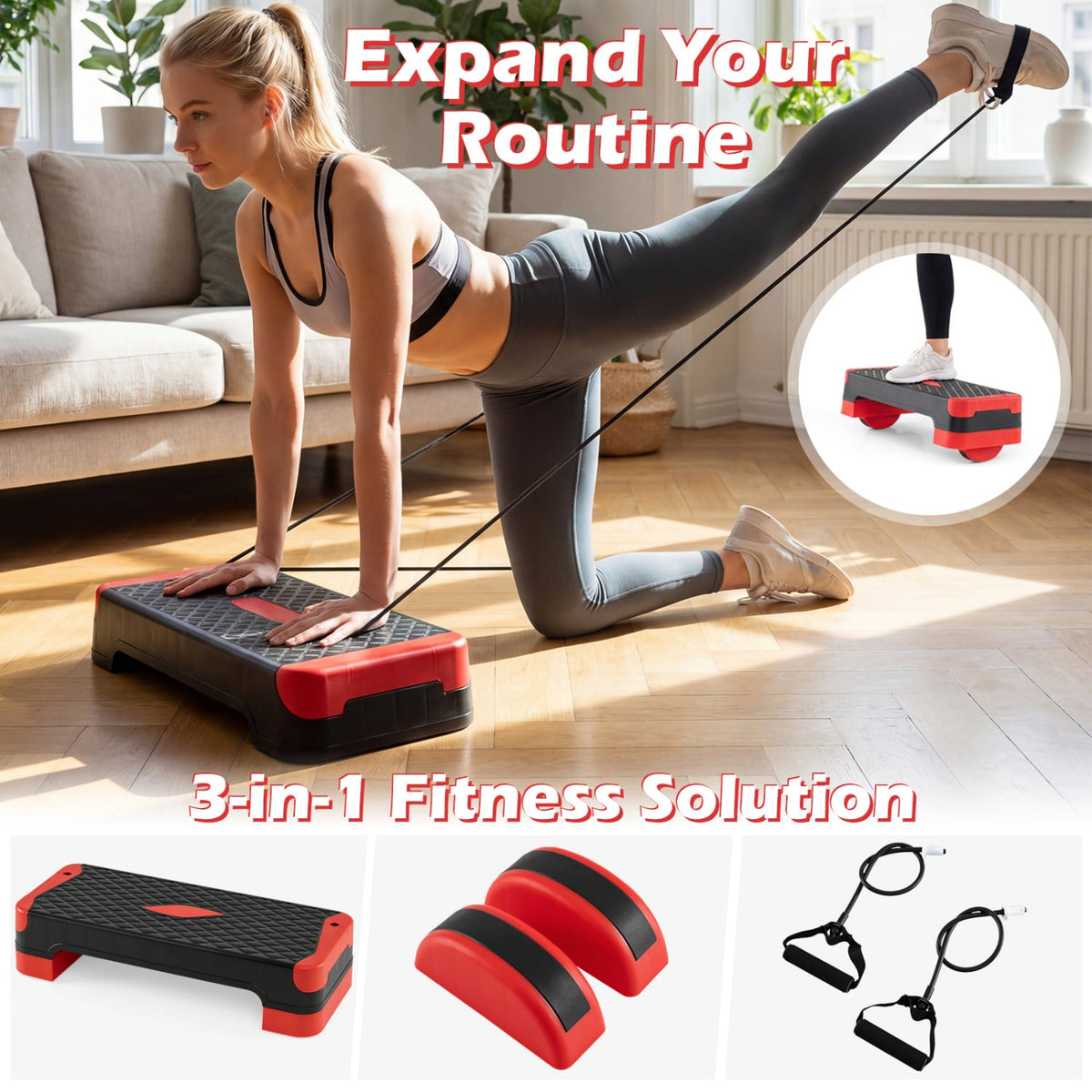 3-in-1 Aerobic Step Platform Set with 2 Stackable Risers and Balance Trainers for Home-Red