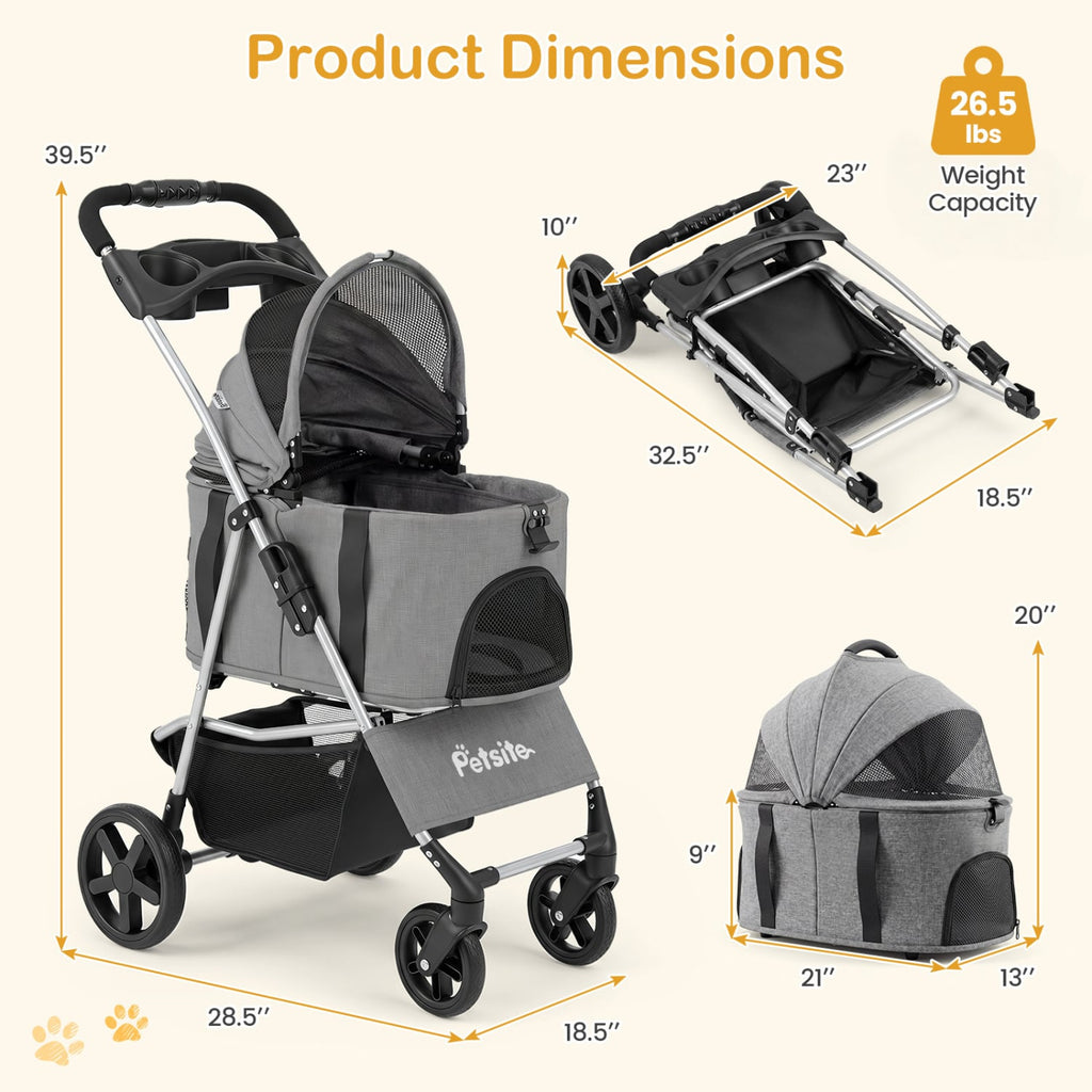 3-in-1 Pet Stroller for Small Medium Dogs Foldable with Detachable Carrier-Gray