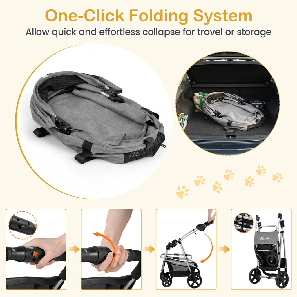 3-in-1 Pet Stroller for Small Medium Dogs Foldable with Detachable Carrier-Gray
