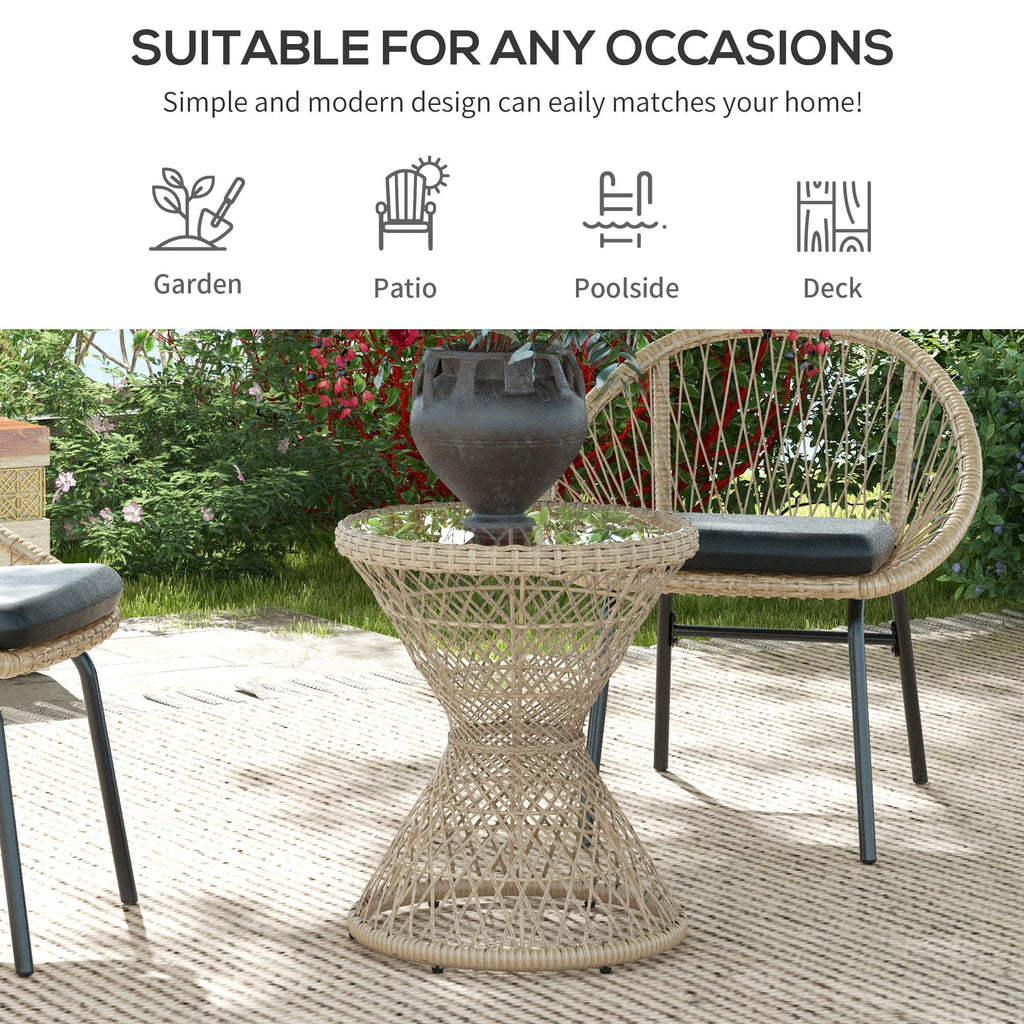 Wicker Outdoor Coffee Table, 18" Round Drum-Style Outdoor Patio Table with Tempered Glass Top, Light Brown