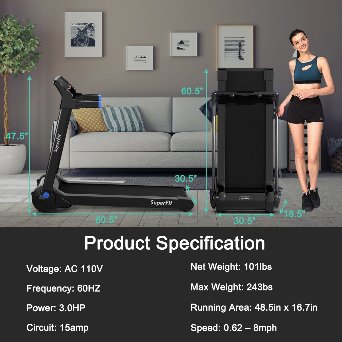 3HP Folding Electric Treadmill Running Machine-Blue